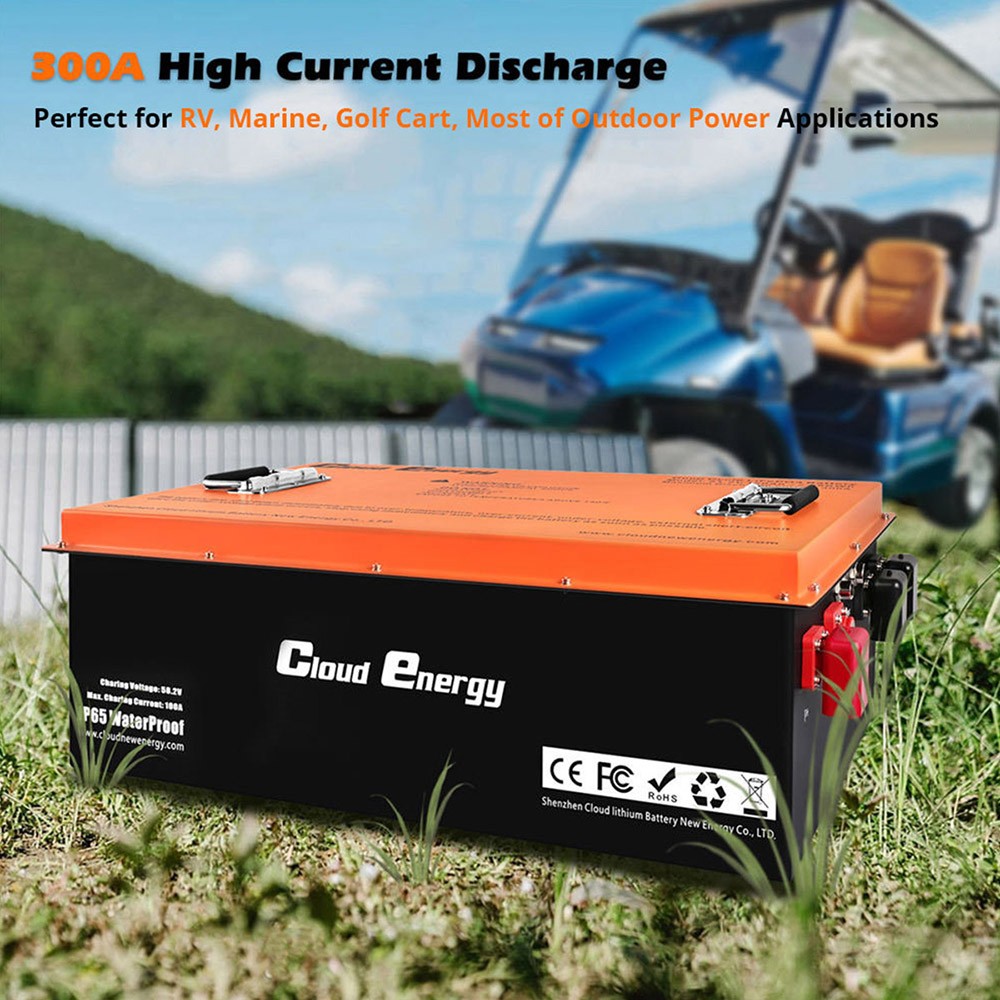 Cloudenergy 48V 150Ah LiFePO4 Deep Cycle Battery Pack pre golfový vozík, energia 7680Wh, vstavaná 300A BMS, životnosť 6000+ cyklov