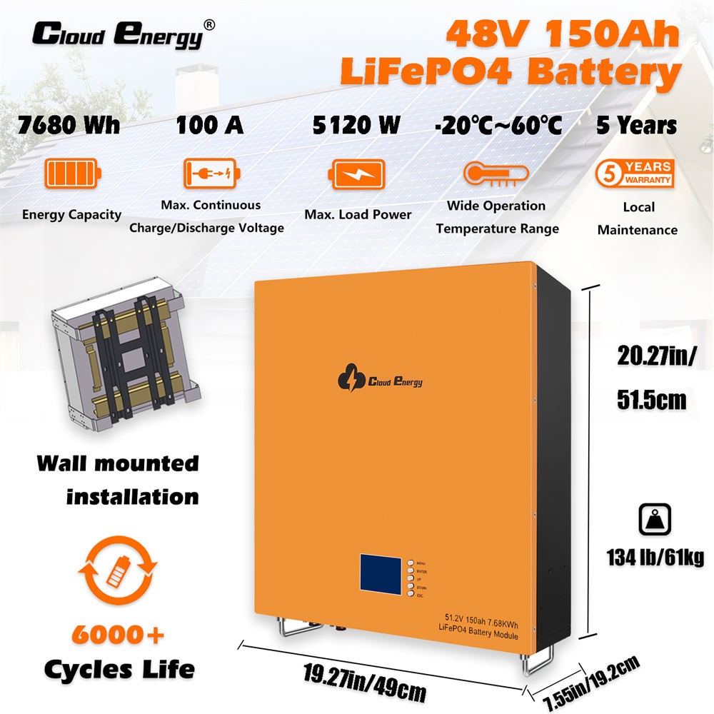Cloudenergy 48V 150Ah nástenná lítiová LiFePO4 hlboká batéria, energia 7680Wh, 6000+ životných cyklov