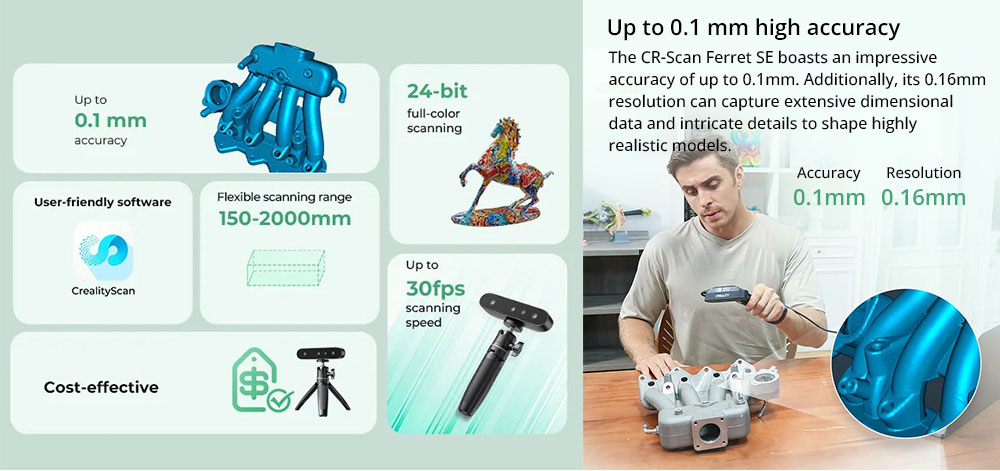 3D skener Creality CR-Scan Ferret SE, rýchlosť skenovania až 30 fps, presnosť 0,1 mm, 24-bitové plnofarebné skenovanie, sledovanie proti chveniu, rozsah jedného snímania 560 x 820 mm, minimálne skenovanie 150 x 150 mm