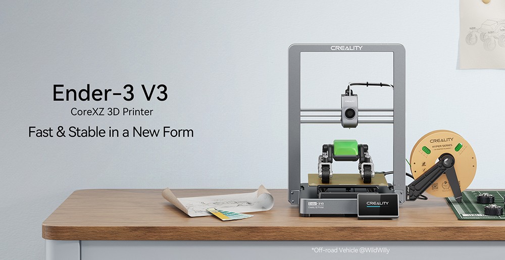 3D tlačiareň Creality Ender-3 V3, automatické vyrovnávanie, maximálna rýchlosť tlače 600 mm/s, presnosť tlače 0,2 mm, dvojprevodový priamy extrudér, tvarovanie vstupov, farebný dotykový displej, pripojenie WiFi, 220x220x250 mm