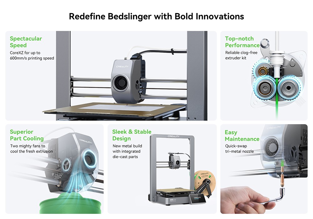 Creality Ender-3 V3 3D Printer, Auto-Leveling, 600mm/s Max. rýchlosť tlače, 0.Presnosť tlače 2 mm, dvojprevodový priamy extrudér, tvarovanie vstupov, farebný dotykový displej, WiFi pripojenie, 220x220x250mm