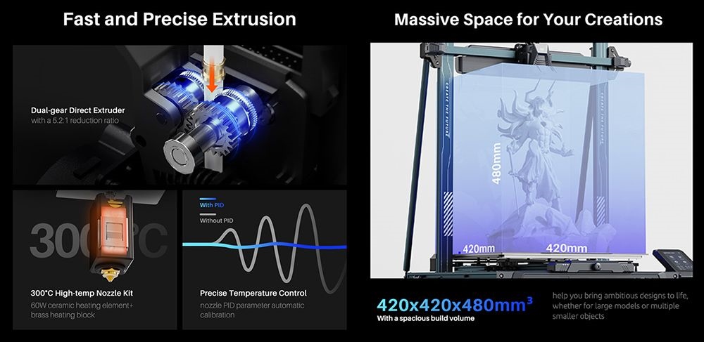 3D tlačiareň Elegoo Neptune 4 Max, automatické vyrovnávanie, maximálna rýchlosť tlače 500 mm/s, firmvér Klipper, vysokoteplotná tryska 300 C, chladiaci ventilátor, pripojenie WiFi, 420x420x480 mm