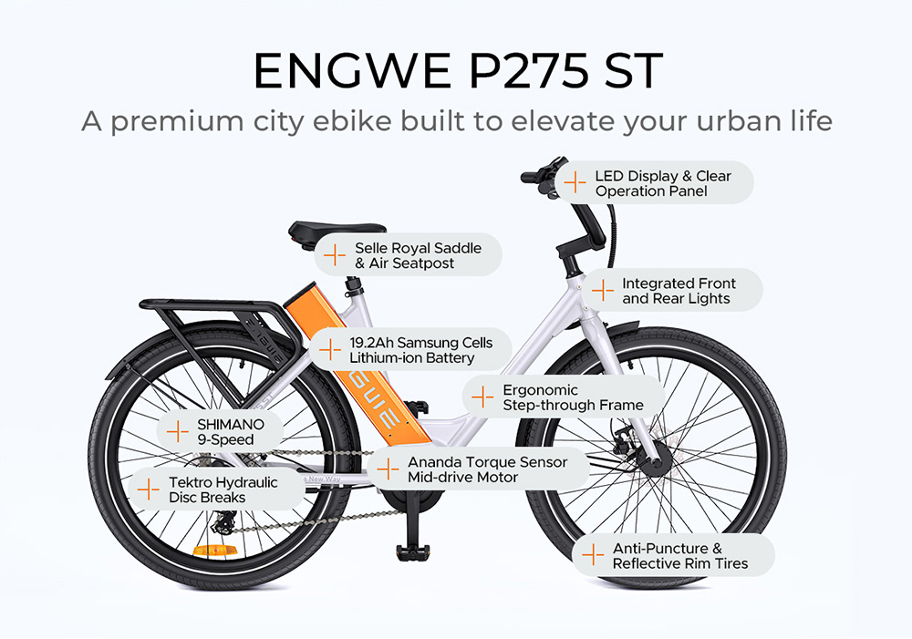 ENGWE P275 ST Mestský elektrický bicykel, 250W bezkefový motor so stredovým pohonom a momentovým senzorom, 36V 19,2Ah batéria, max. dojazd 260 km, hydraulické kotúčové brzdy, 27.Pneumatiky s 5'' lúčmi, 9-rýchlostná prevodovka SHIMANO - čierna