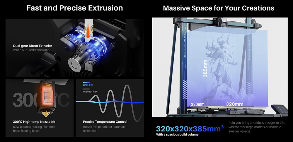 3D tlačiareň Elegoo Neptune 4 Plus, automatické vyrovnávanie, maximálna rýchlosť tlače 500 mm/s, firmvér Kllpper, vysokoteplotná tryska 300 C, chladiaci ventilátor, pripojenie WiFi, 320*320*385 mm