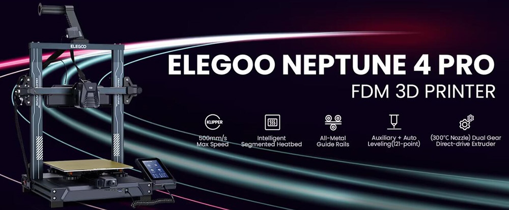 3D tlačiareň Elegoo Neptune 4 Pro, automatické vyrovnávanie, maximálna rýchlosť tlače 500 mm/s, firmvér Kllpper, vysokoteplotná tryska 300 C, chladiaci ventilátor, obnovenie tlače, 225*225*265 mm