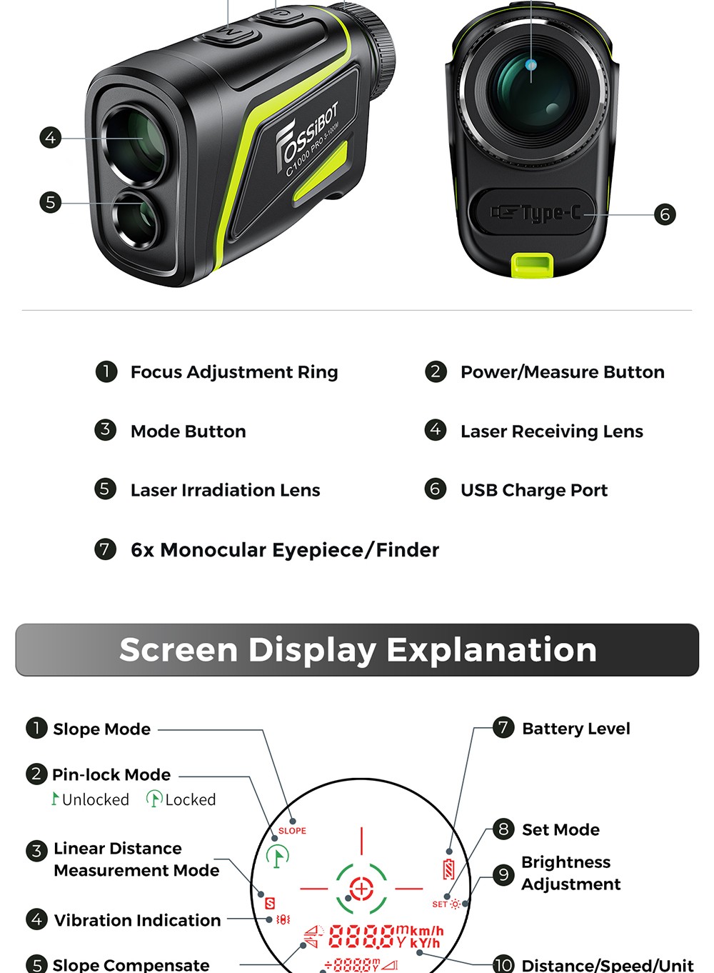 FOSSiBOT C1000 Pro Golf Rangefinder, Green & Red OLED Display, 0.06s Measure Speed, 1000m Measurement Range, IP54 Waterproof