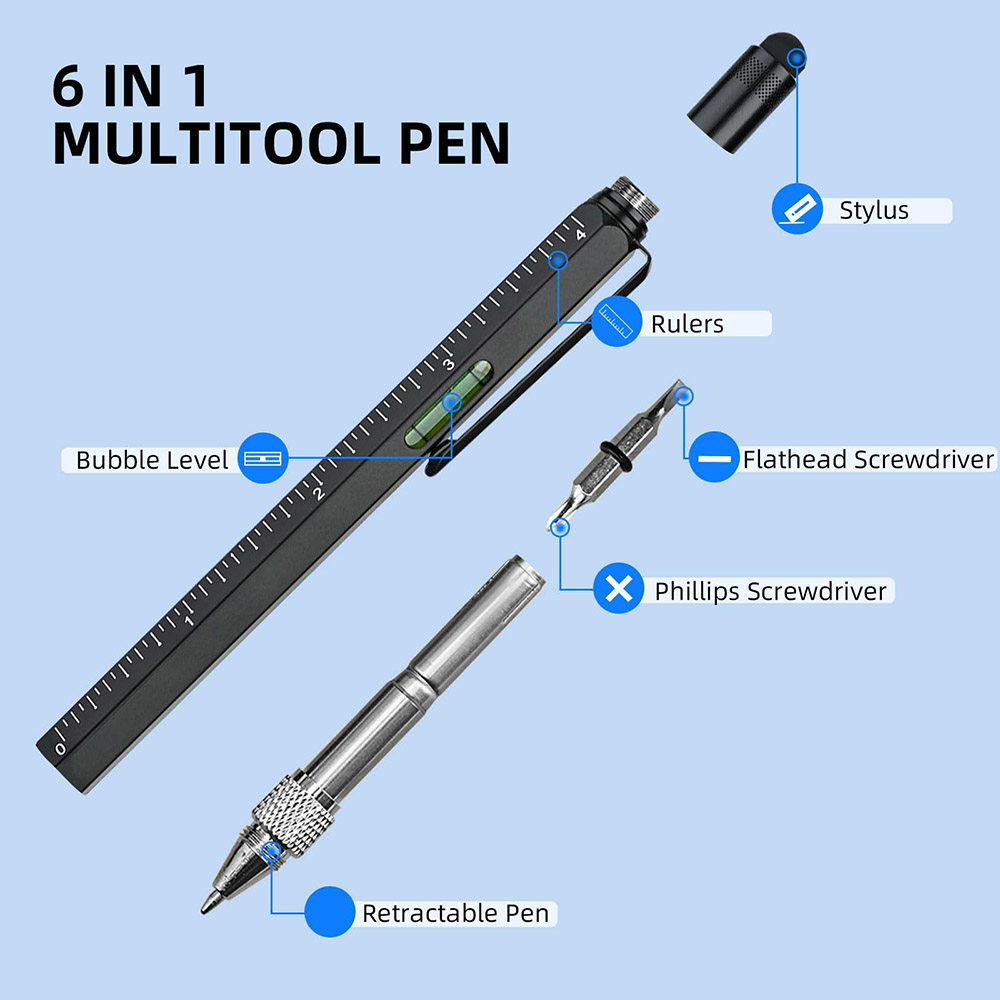 HMP P136A 6-in-1 Multitool Pen with Stylus Ruler Bubble Level Screwdriver Retractable Pen - Black
