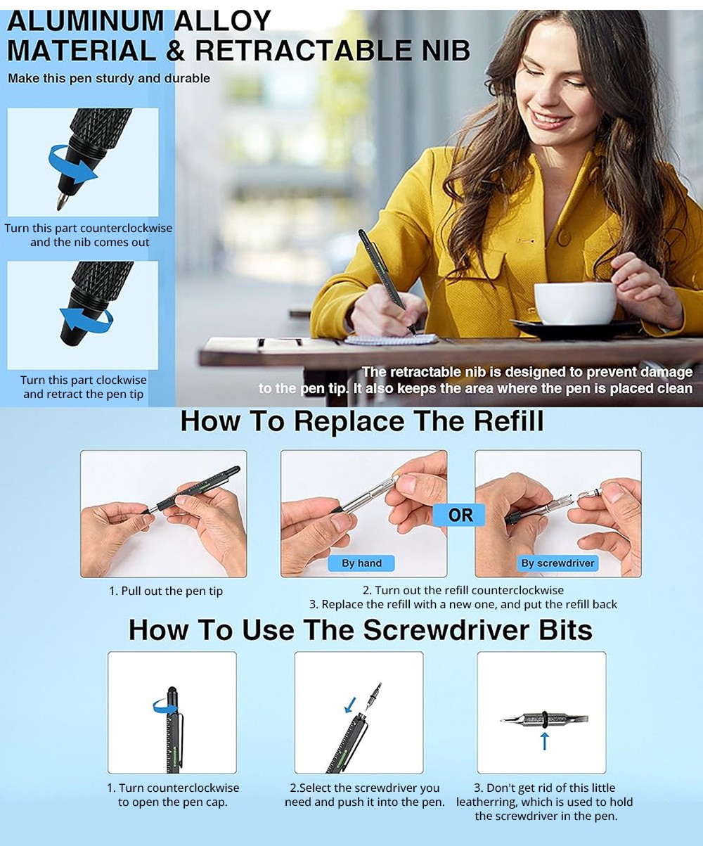 HMP P136A 6-in-1 Multitool Pen with Stylus Ruler Bubble Level Screwdriver Retractable Pen - Black