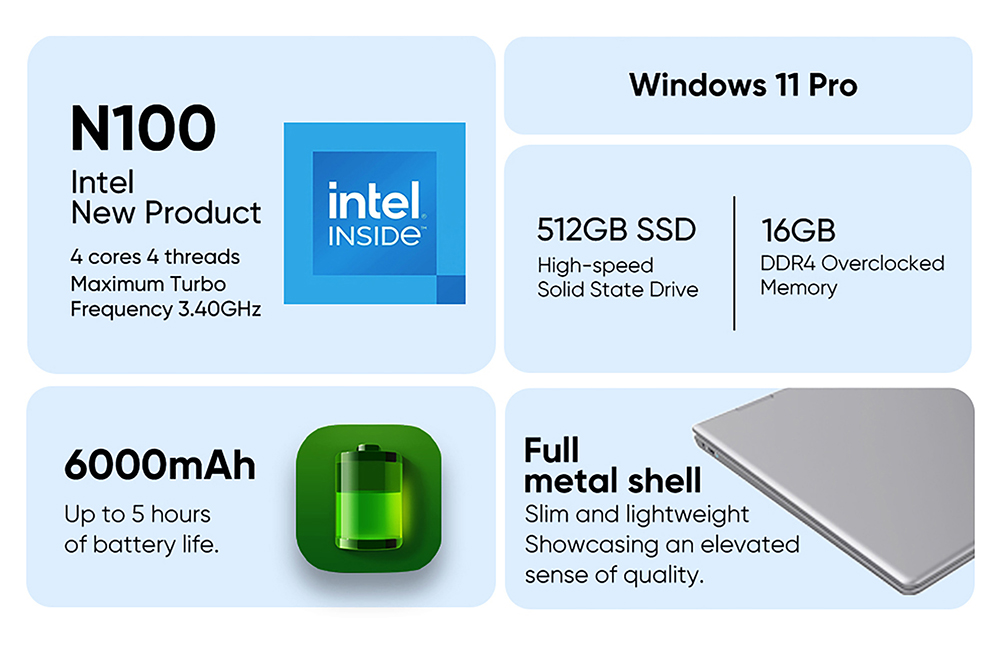 N-one Nbook Plus Laptop, 14,1-palcový 1920*1080 10-bodový dotykový displej, Intel Alder Lake-N N100 4 jadrá do 3,4 GHz, 16 GB RAM 512 GB SSD, dvojpásmová WiFi Bluetooth 5.0, 1*USB 3.2 1*Full Function Type-C 1*TF Card Slot, 360° Flipping, 6000mAh battery