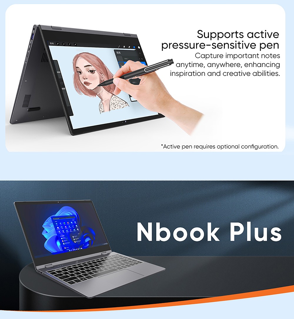N-one Nbook Plus Laptop, 14,1-palcový 1920*1080 10-bodový dotykový displej, Intel Alder Lake-N N100 4 jadrá Až 3.4GHz, 16GB RAM 512GB SSD, Dual-Band WiFi Bluetooth 5.0, 1*USB 3.2 1*Full Function Type-C 1*TF Card Slot, 360° Flipping, 6000mAh battery