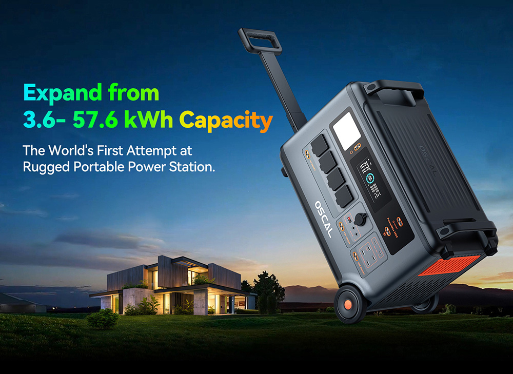 Odolná napájacia stanica Oscal PowerMax 3600, batéria LiFePO4 s kapacitou 3600Wh až 57600Wh, 14 výstupov, 5 režimov LED svetla, signál Morseovou abecedou