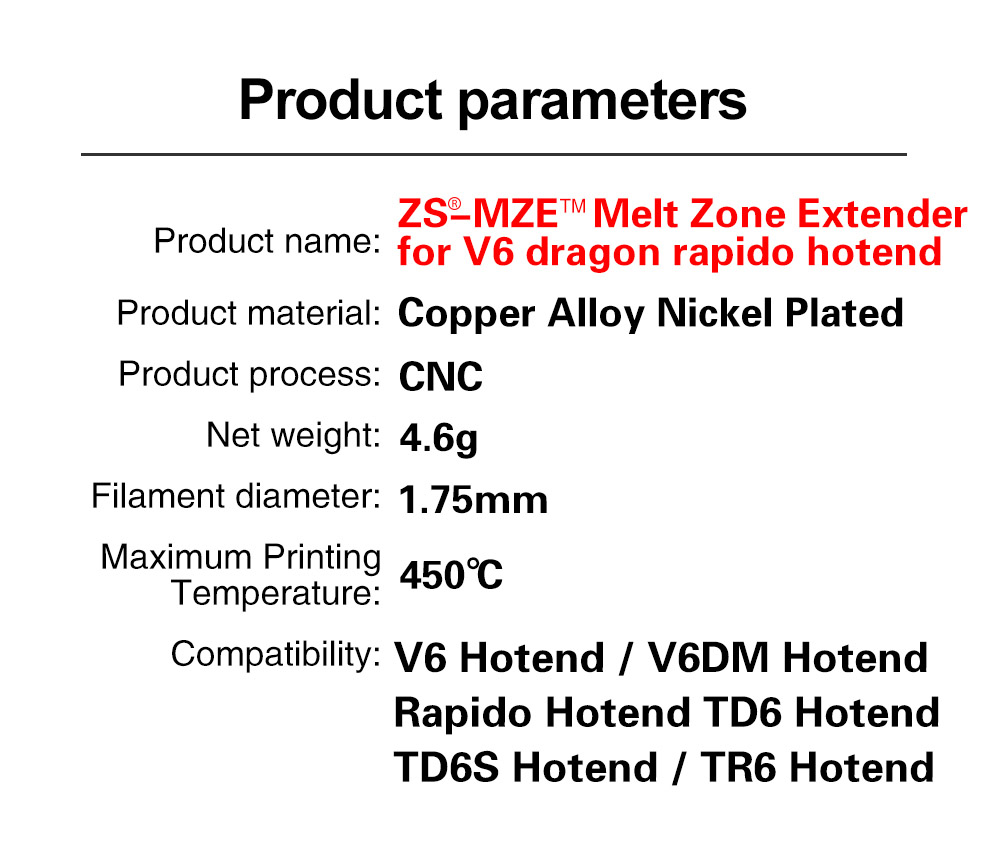 Trianglelab ZS-MZE-HF PLUS Melt Zone Extender for V6 Dragon Rapido Hotend