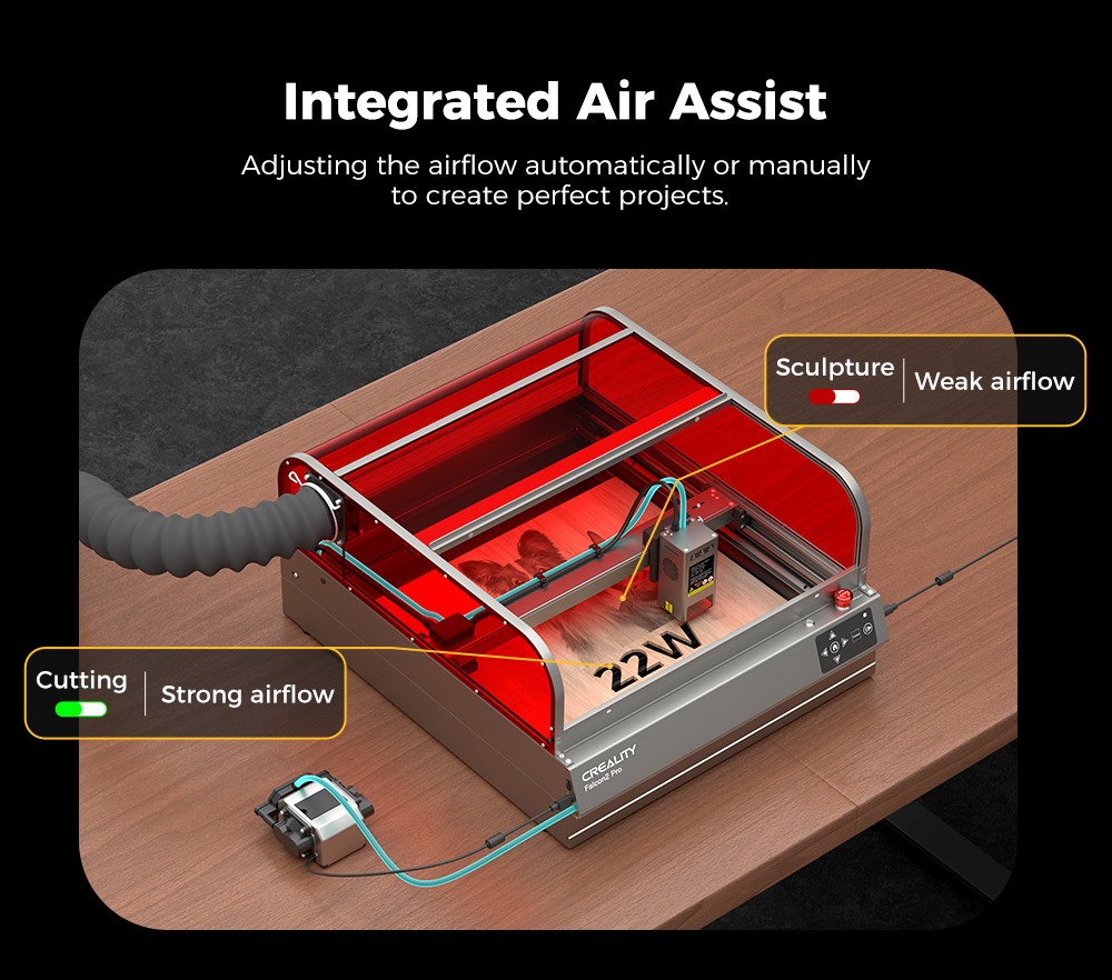 Creality Falcon2 Pro 40W laserová gravírovacia fréza, certifikát bezpečnosti FDA Class1, dymový výfuk, integrovaný vzduchový asistent, vstavaná kamera, ochranný pás typu plot, monitorovanie požiaru / prúdenia vzduchu / objektívu, 400*415mm