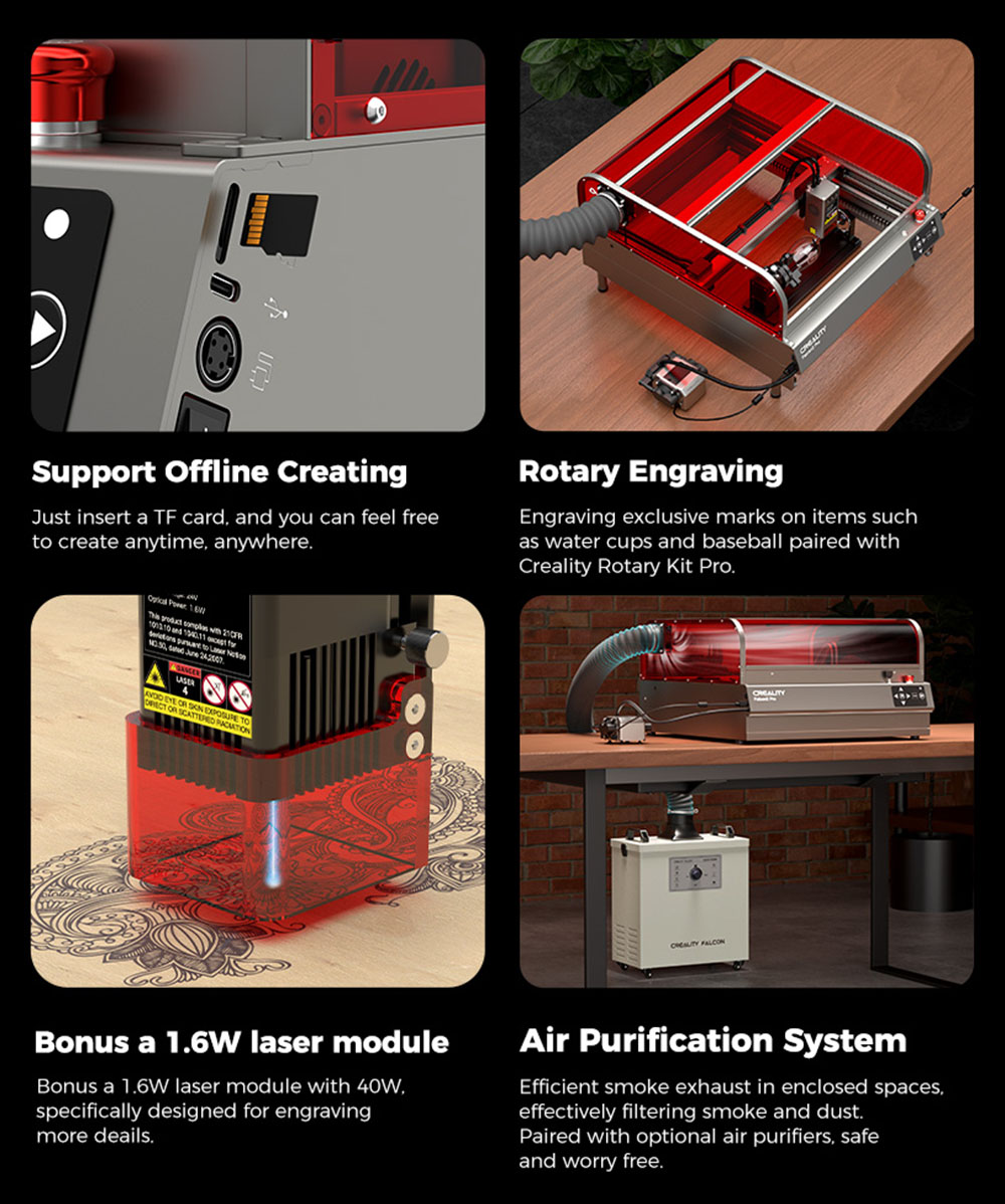 Creality Falcon2 Pro 40W laserová gravírovacia fréza, certifikát bezpečnosti FDA Class1, dymový výfuk, integrovaný vzduchový asistent, vstavaná kamera, ochranný pás typu plot, monitorovanie požiaru / prúdenia vzduchu / objektívu, 400*415mm