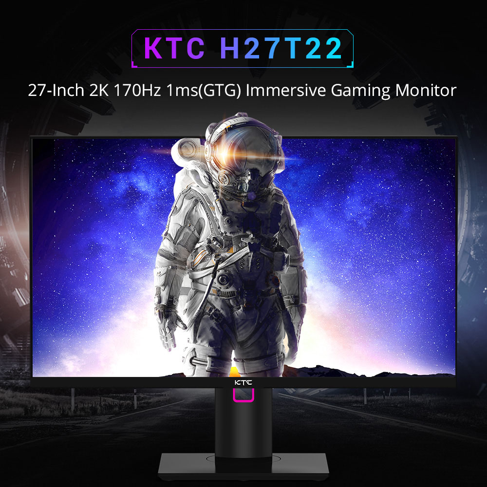 KTC H27T22 27-inch Gaming Monitor 2560x1440 QHD 16:9 ELED 170Hz Fast IPS Panel Screen 1ms GTG Response Time 99% sRGB HDR10 Low Motion Blur Compatible with FreeSync G-SYNC USB 2xHDMI2.0 2xDP1.4 Audio Out Horizontal & Vertical Rotated VESA Mount