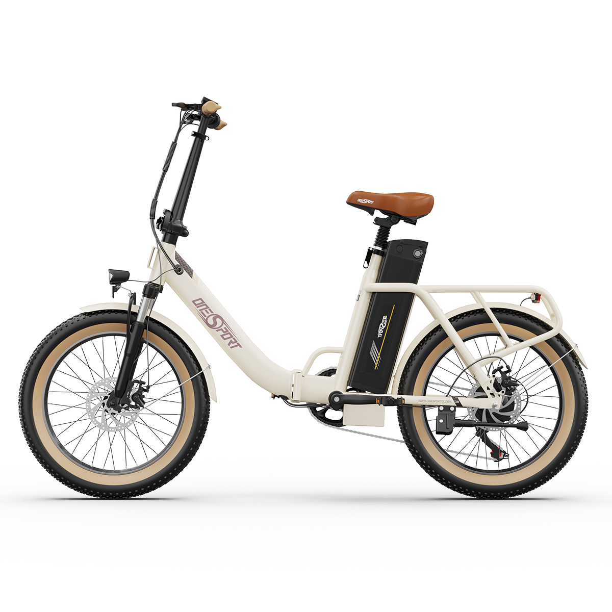 ONESPORT OT16-2 Elektrický bicykel 20*3.0 palcové pneumatiky, 350W motor 48V 15Ah batéria Max. rýchlosť 25km/h Kotúčové brzdy - biely