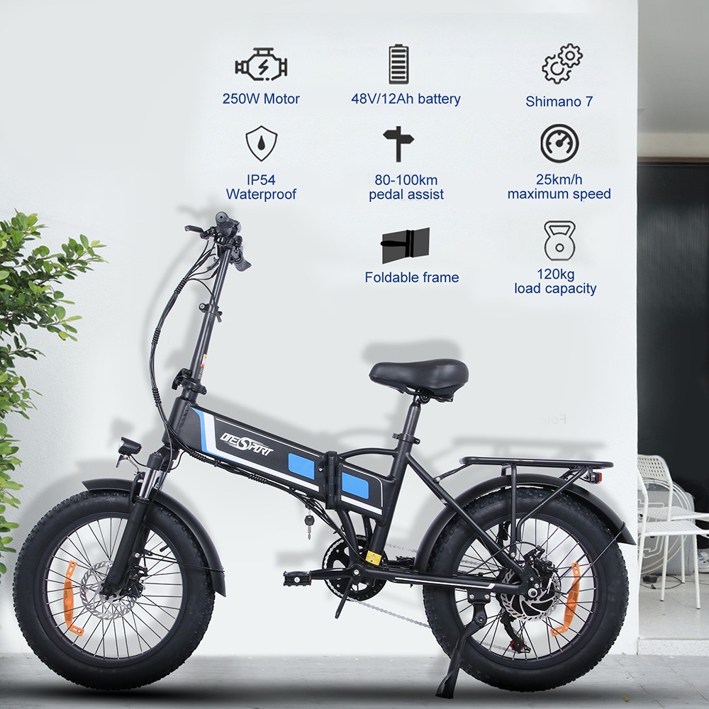 ONESPORT OT10 20*4.0 inch Fat Tire Foldable Electric Bike 500W Motor, 48V 12Ah Battery Max 100km Range Shimano 7-speed Dual Disc Brake Aluminum Frame - Black