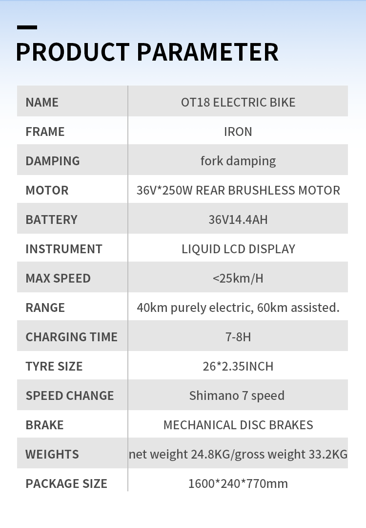 ONESPORT OT18 Elektrobicykel, pneumatiky 26*2,35 palca 350W motor 36V 14,4Ah batéria 100km dojazd 25km/h max. rýchlosť - čierny