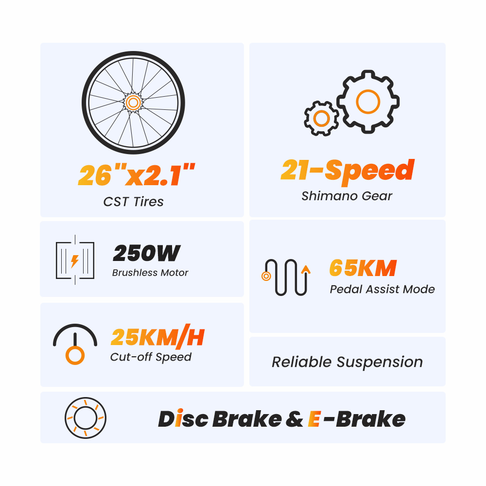 Touroll U1 26-palcový elektrický MTB bicykel s terénnymi pneumatikami, 250W motor, 36V 13Ah vymeniteľná batéria, max. dojazd 65 km, 21-rýchlostné prevody Shimano 21-rýchlostné kotúčové brzdy Shimano IPX4 vodotesný - čierny