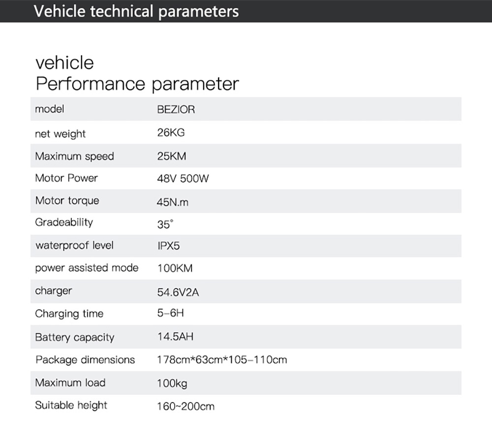 Bezior M2 Pro Electric Moped Bike 500W Motor 100km Range 14.5Ah Battery 26*2.125'' Wheels 25km/h Max Speed - Black