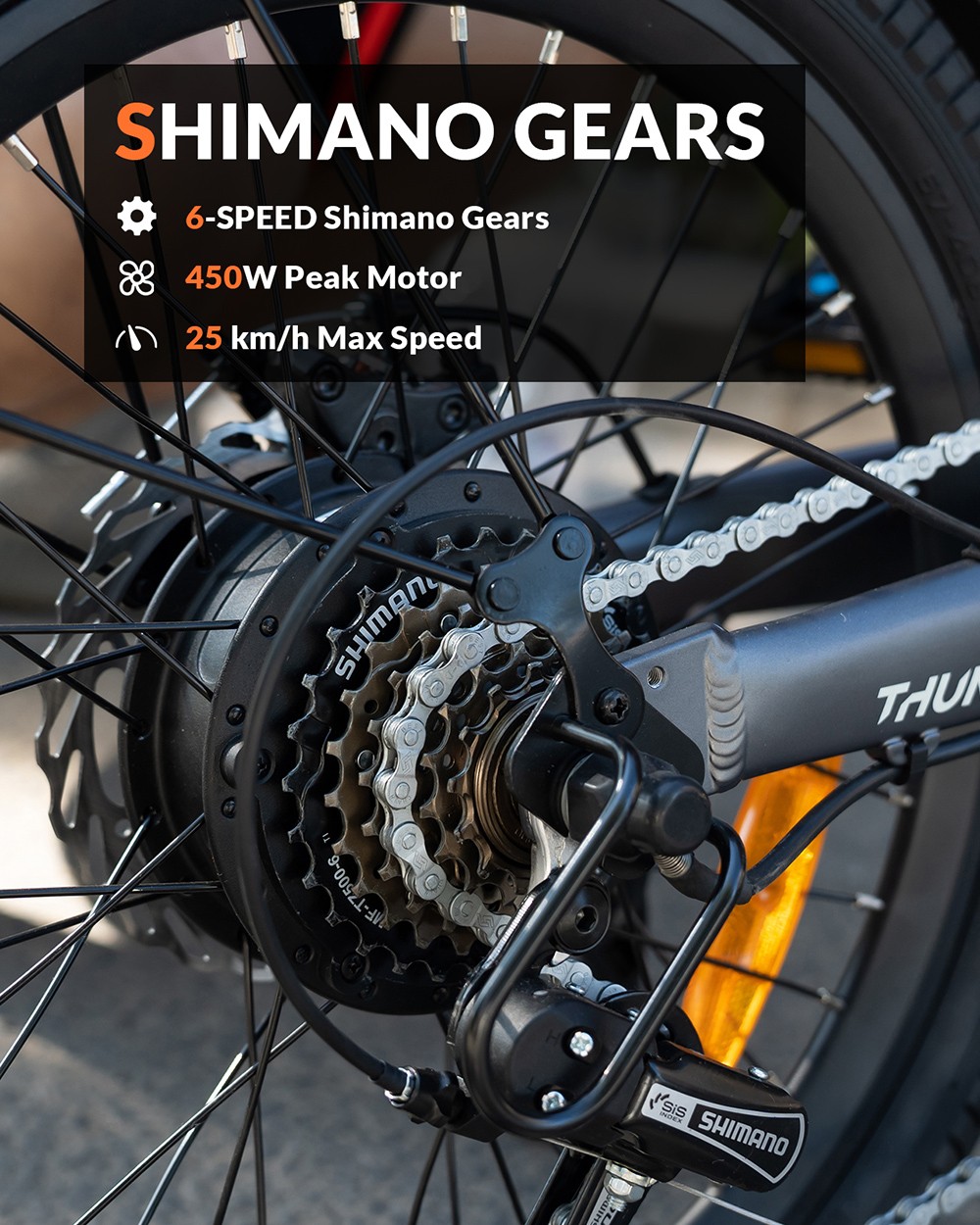 5TH WHEEL Thunder 2 Electric Bike, 250W Motor, 36V 10.4Ah Battery, 20-inch Rubber Tires, 25km/h Max Speed, 80km Max Range, Shimano 6-speed, Disc Brakes