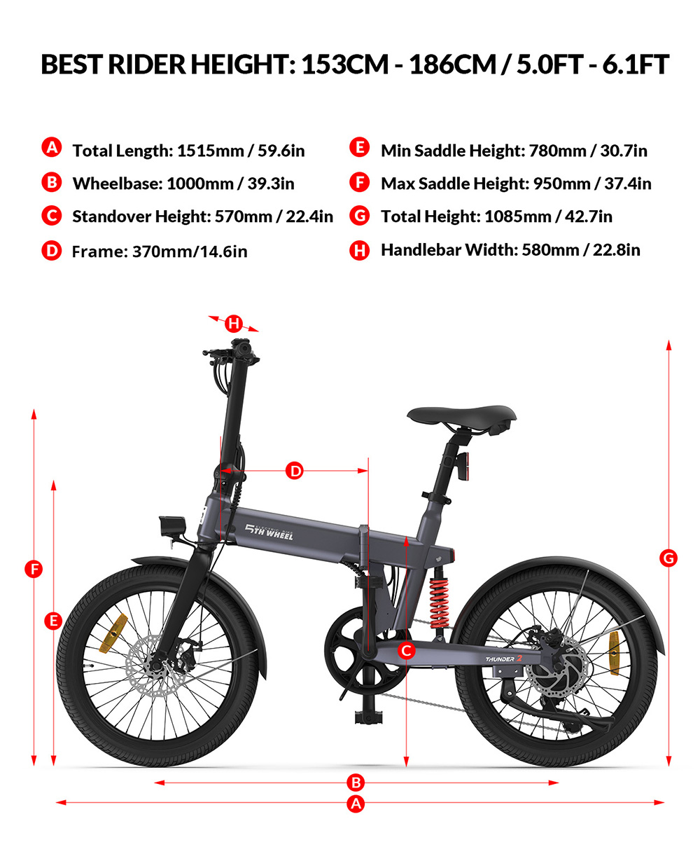 5TH WHEEL Thunder 2 Electric Bike, 250W Motor, 36V 10.4Ah Battery, 20-inch Rubber Tires, 25km/h Max Speed, 80km Max Range, Shimano 6-speed, Disc Brakes