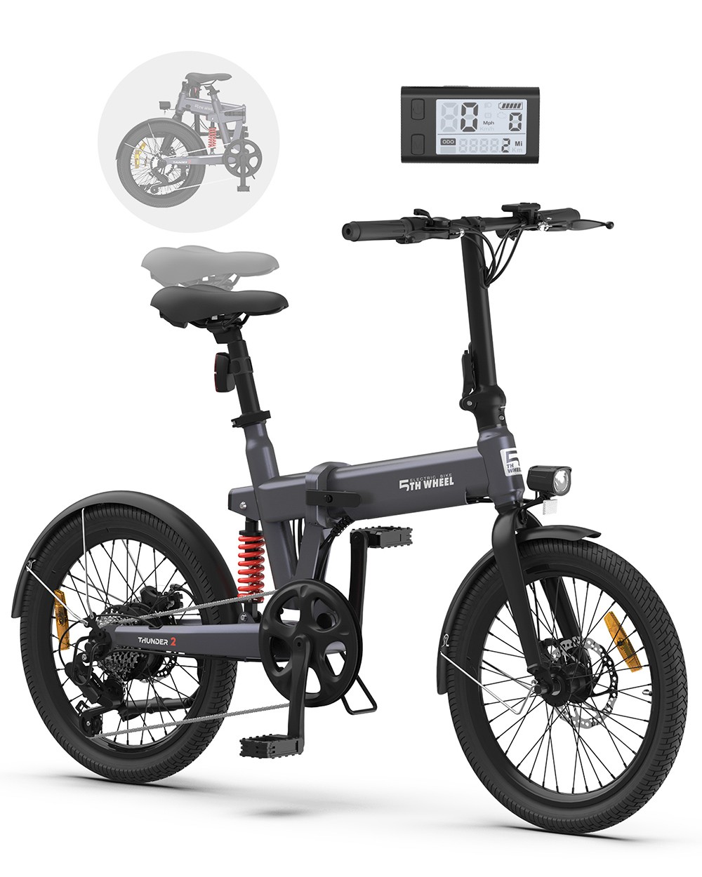 5TH WHEEL Thunder 2 Electric Bike, 250W Motor, 36V 10.4Ah Battery, 20-inch Rubber Tires, 25km/h Max Speed, 80km Max Range, Shimano 6-speed, Disc Brakes