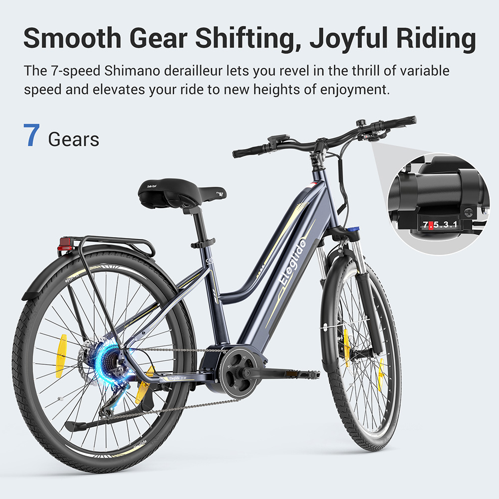 Trekingový bicykel Eleglide C1 ST 27,5 palca s 250W motorom Ananda Mid-Drive, 14.5Ah batéria, max. dojazd 150 km, hydraulické odpruženie & hydraulické kotúčové brzdy Shimano 7 prevodov - čierny