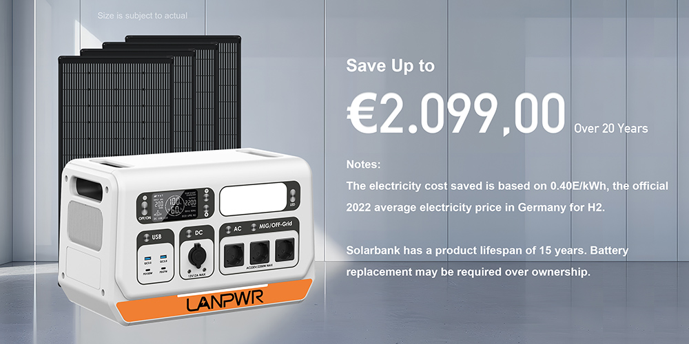 LANPWR 2200PRO 2200W Portable Power Station + 4x 180W Solar Panels, Balcony Solar System, 6000 Cycles, with On-grid Inverter, 12V/12A DC Output