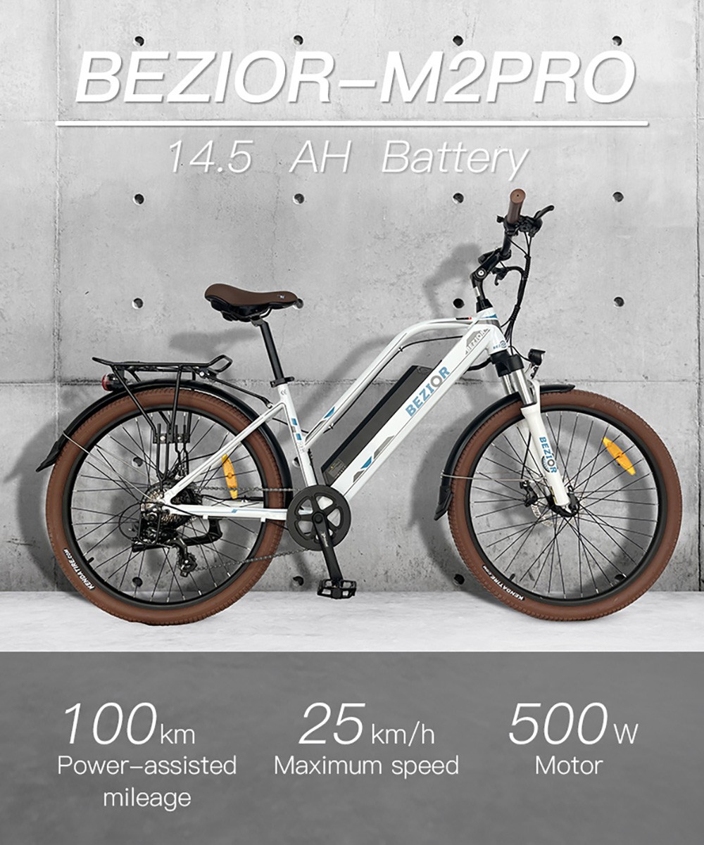 Bezior M2 Pro Electric Moped Bike 500W Motor 100km Range 14.5Ah Battery 26*2.125'' Wheels 25km/h Max Speed - Black