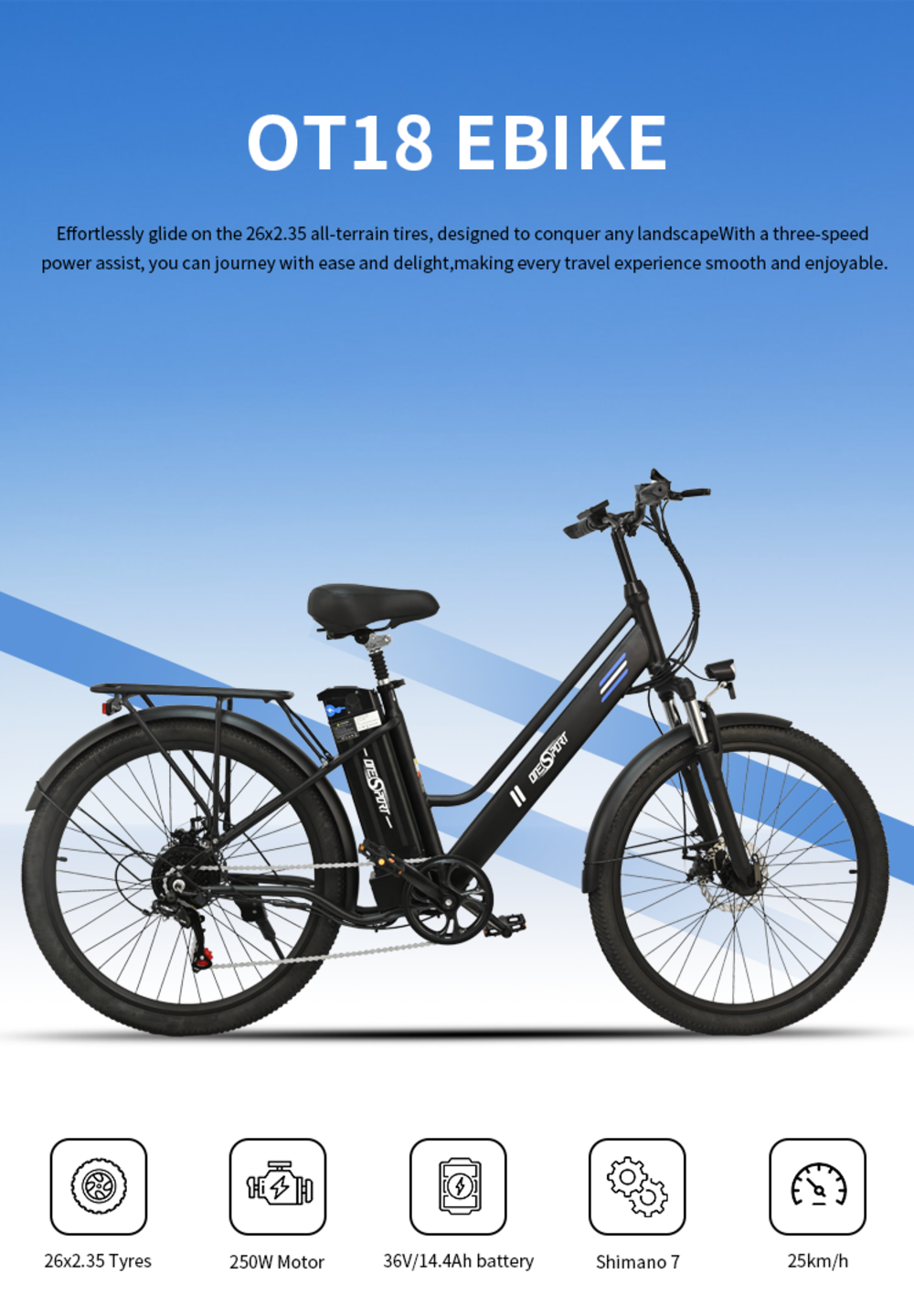 ONESPORT OT18 Elektrobicykel, 26*2.35 palcové pneumatiky 350W motor 36V 14.4Ah batéria dojazd 100 km maximálna rýchlosť 25 km/h - čierna