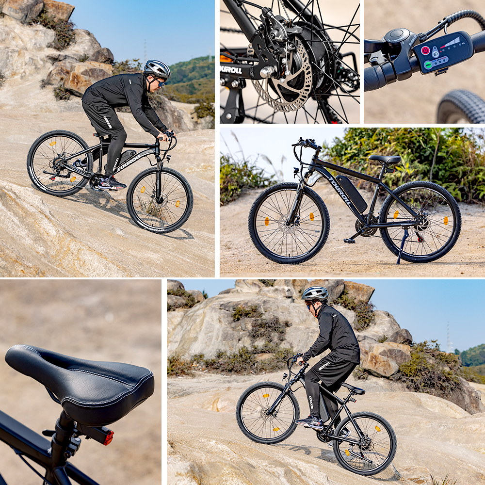 Touroll U1 29-palcový elektrický MTB bicykel s terénnymi pneumatikami, 250W motor, 36V 13Ah vymeniteľná batéria, max. dojazd 65 km, 21-stupňová prevodovka Shimano 21-stupňová kotúčová brzda Shimano IPX4 vodotesný - čierny