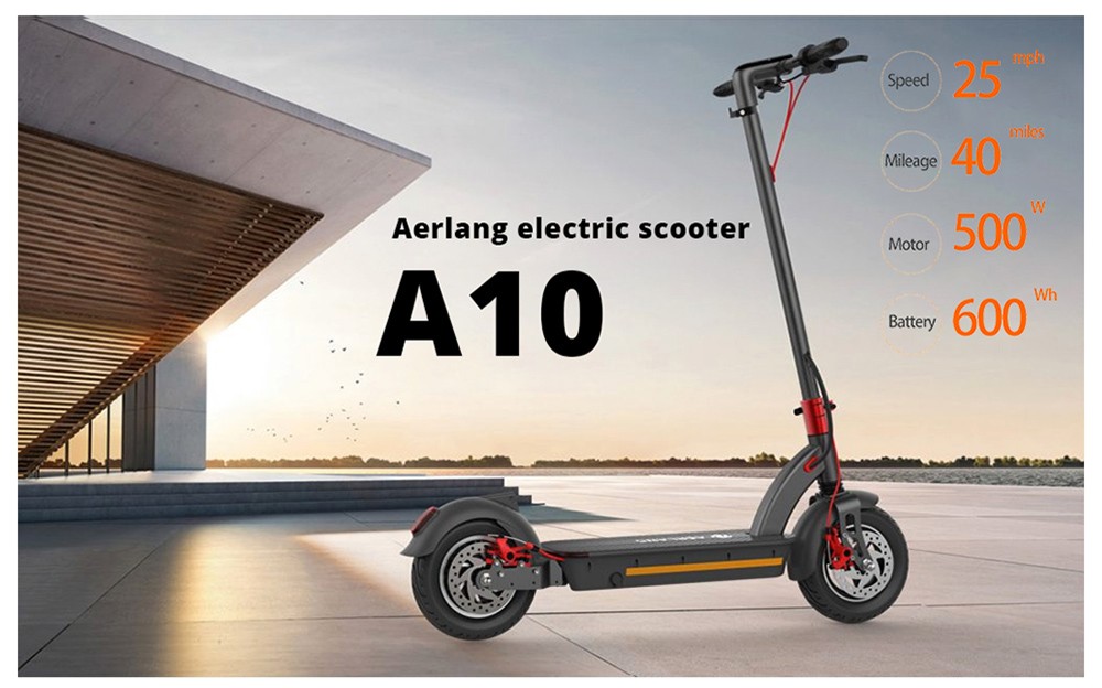 Elektrická kolobežka AERLANG A10-A, 10-palcová pneumatika, 500W motor, max. rýchlosť 35km/h, 48V 12.5Ah batéria, dojazd 30-40 km, dvojité odpruženie