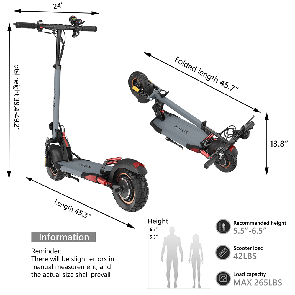 AOKDA A1 Skladací elektrická kolobežka, 800W motor, 48V 10Ah batéria, 10-palcové pneumatiky do terénu, max. rýchlosť 45 km/h, max. dojazd 25 km, kotúčová brzda