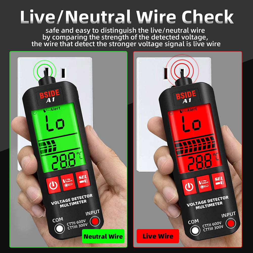 BSIDE A1 Digital Multimeter, Electrician Pen, Non-Contact Voltage Tester, Ohm Hz Meter, AC Live/Neutral Wire Test, Red & Green Backlight, without Storage Bag - Black
