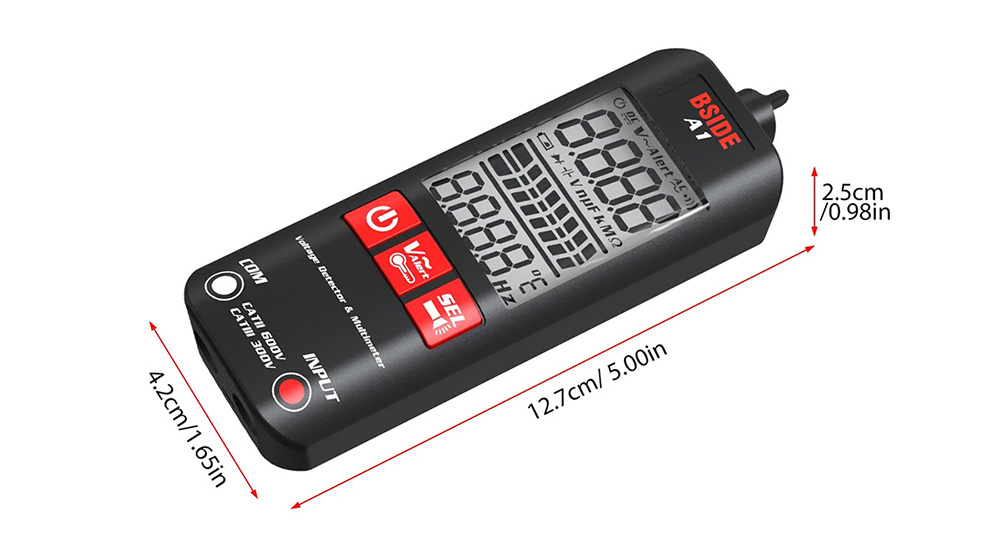 BSIDE A1 Digital Multimeter, Electrician Pen, Non-Contact Voltage Tester, Ohm Hz Meter, AC Live/Neutral Wire Test, Red & Green Backlight, without Storage Bag - Black