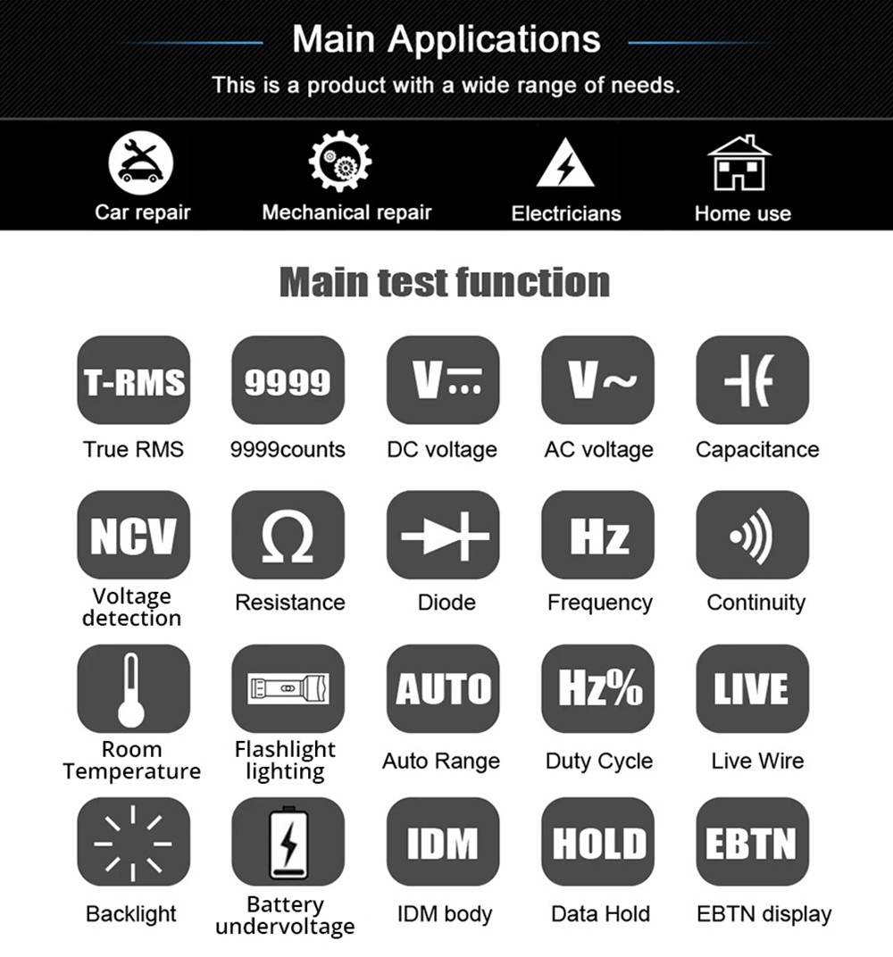 BSIDE S11 Digital Multimeter, Smart Electrician Tester, USB Charge, EBTN Color Display, T-RMS 9999 Counts, DC AC Voltage Capacitor Ohm Diode Tester, Red - with Battery