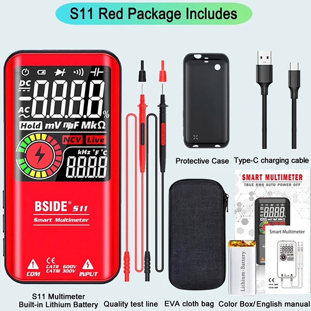 BSIDE S11 Digital Multimeter, Smart Electrician Tester, USB Charge, EBTN Color Display, T-RMS 9999 Counts, DC AC Voltage Capacitor Ohm Diode Tester, Red - with Battery