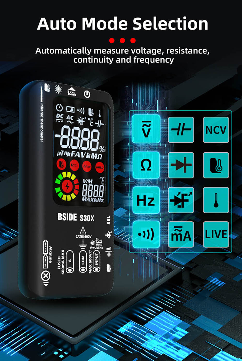 BSIDE S30 Digital Multimeter, Infrared Thermometer, True RMS 9999 Counts, DC AC Voltage Current 15V Diode Capacitor, Ohm NCV Rechargeable Tester - Green