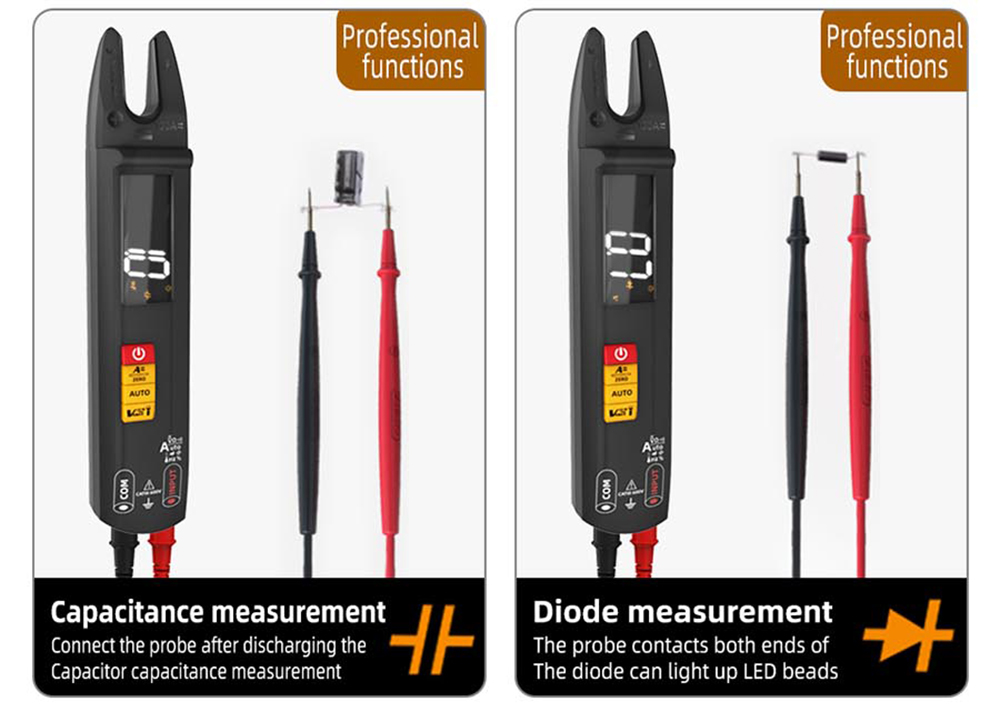 BSIDE U1 Digital Clamp Multimeter, Electric Tester Pen, Bright LED Flashlight, DC AC 100A Pliers, T-RMS Current - with Ultra-sharp Tester Probe+Alligator Clip