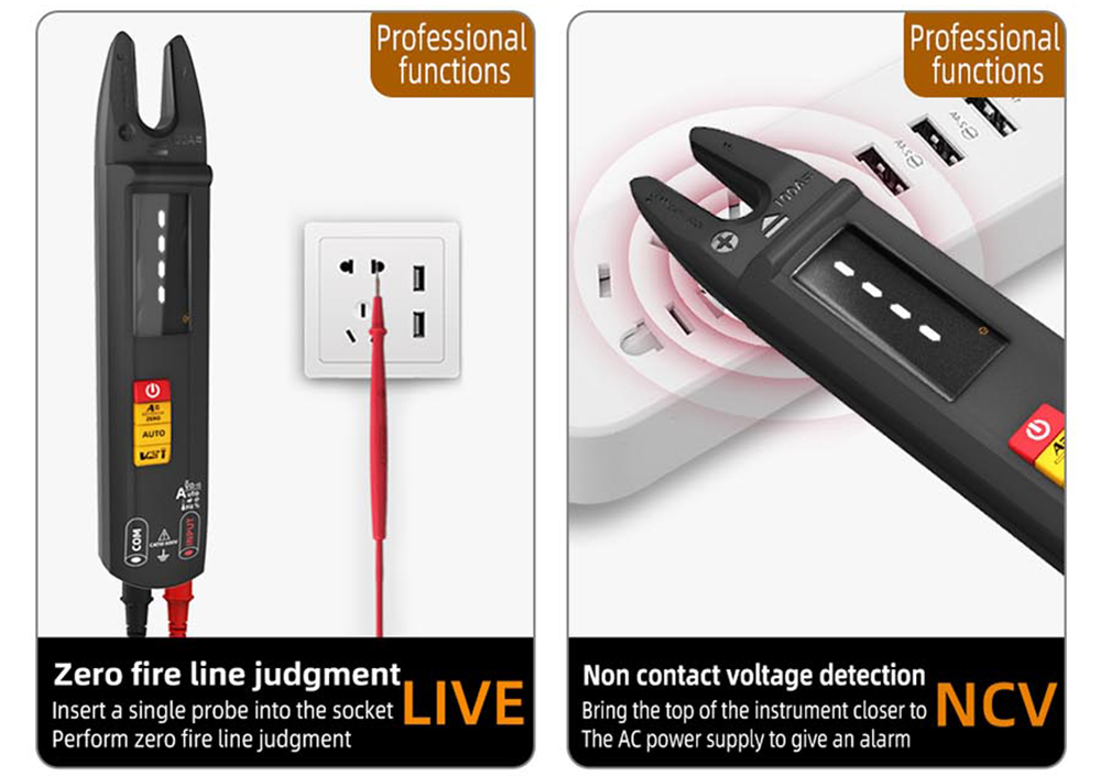 BSIDE U1 Digital Clamp Multimeter, Electric Tester Pen, Bright LED Flashlight, DC AC 100A Pliers, T-RMS Current - with Ultra-sharp Tester Probe+Alligator Clip