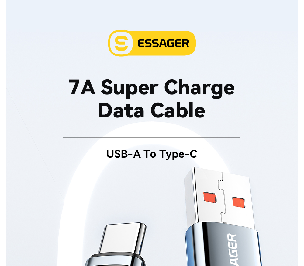 ESSAGER 100W 7A USB-A to Type-C Charging Cable, Digital Display, USB2.0 480Mbps, with Velcro, QC Protocol