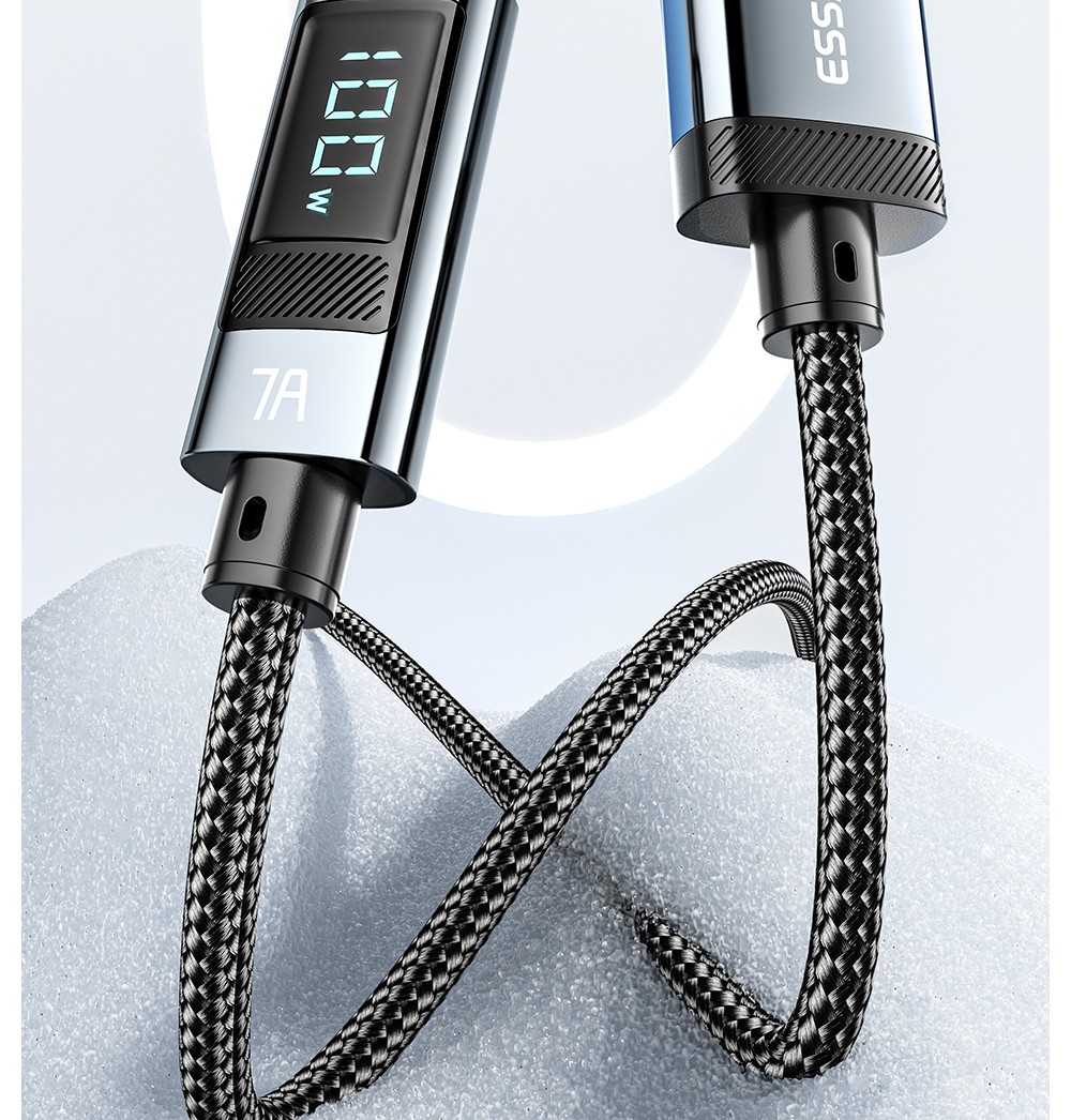 ESSAGER 100W 7A USB-A to Type-C Charging Cable, Digital Display, USB2.0 480Mbps, with Velcro, QC Protocol