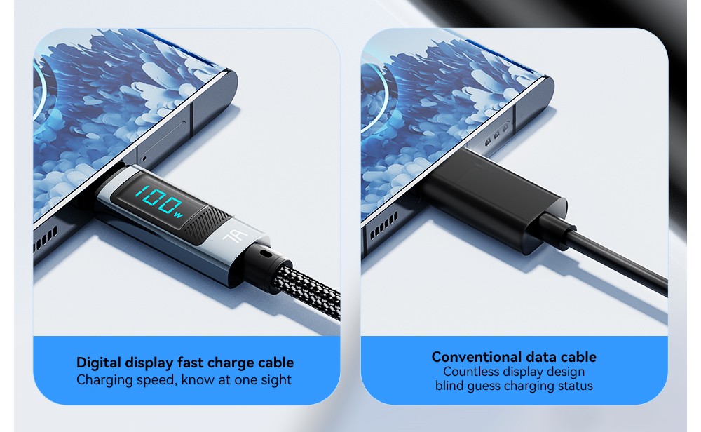 ESSAGER 100W 7A USB-A to Type-C Charging Cable, Digital Display, USB2.0 480Mbps, with Velcro, QC Protocol