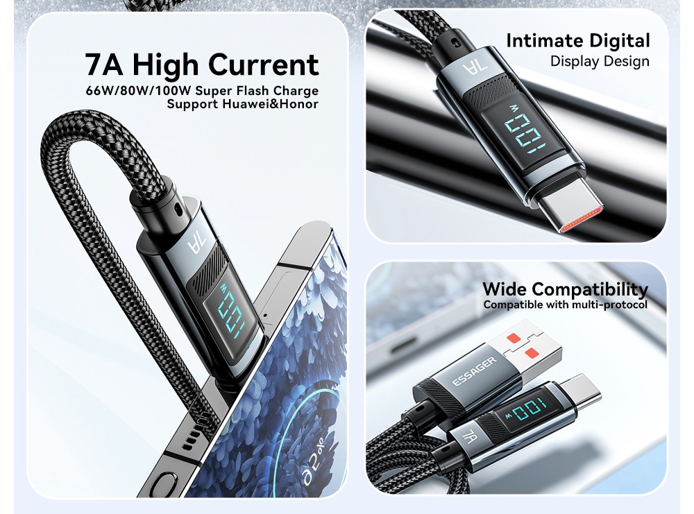 ESSAGER 100W 7A USB-A to Type-C Charging Cable, Digital Display, USB2.0 480Mbps, with Velcro, QC Protocol