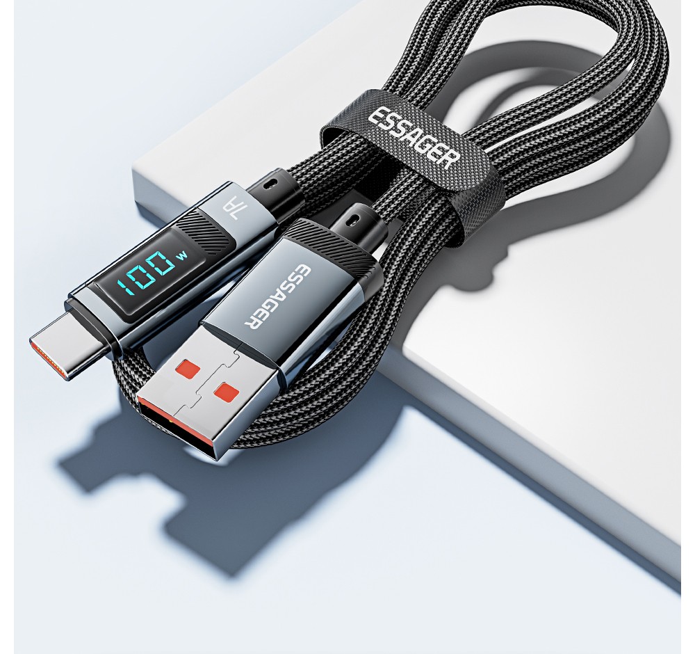 ESSAGER 100W 7A USB-A to Type-C Charging Cable, Digital Display, USB2.0 480Mbps, with Velcro, QC Protocol