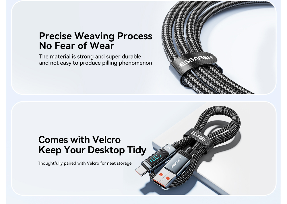 ESSAGER 100W 7A USB-A to Type-C Charging Cable, Digital Display, USB2.0 480Mbps, with Velcro, QC Protocol