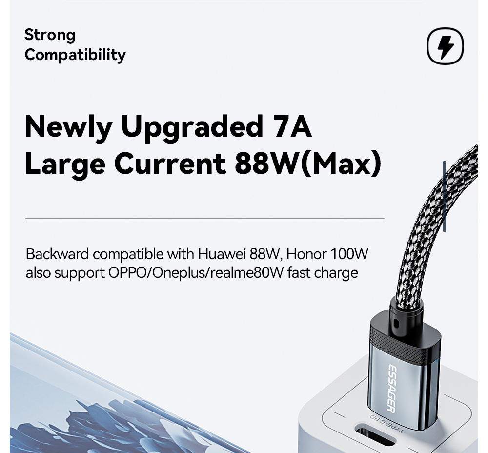 ESSAGER 100W 7A USB-A to Type-C Charging Cable, Digital Display, USB2.0 480Mbps, with Velcro, QC Protocol