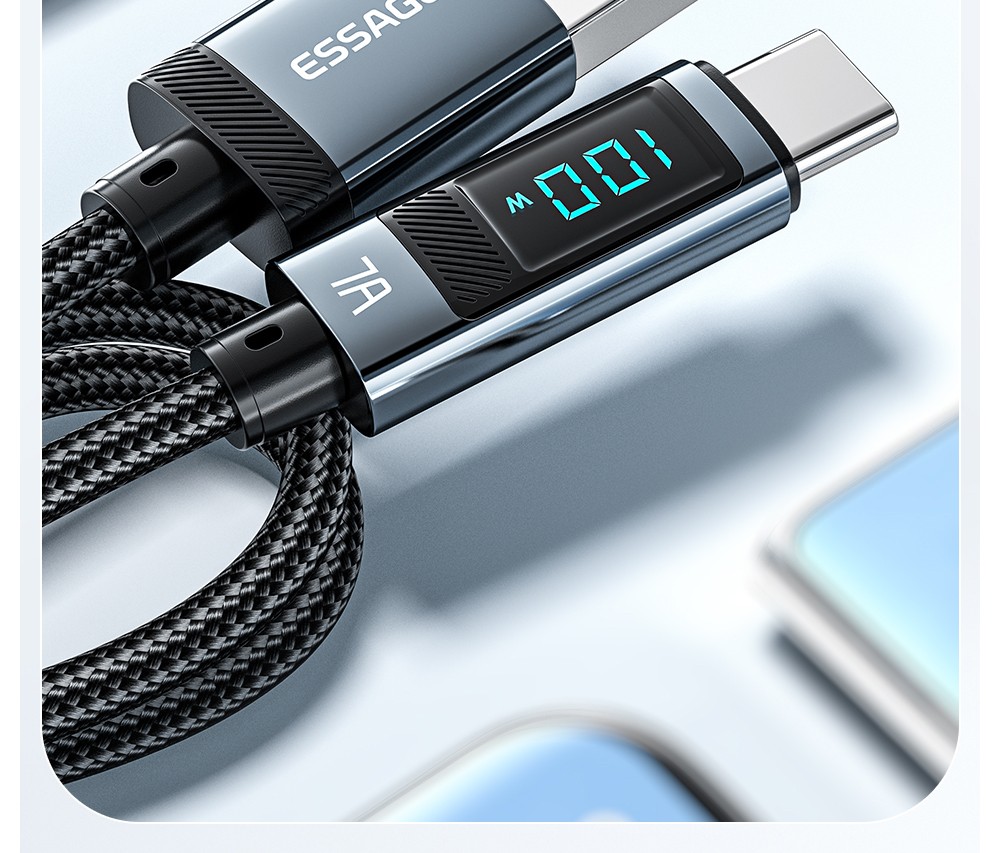 ESSAGER 100W 7A USB-A to Type-C Charging Cable, Digital Display, USB2.0 480Mbps, with Velcro, QC Protocol