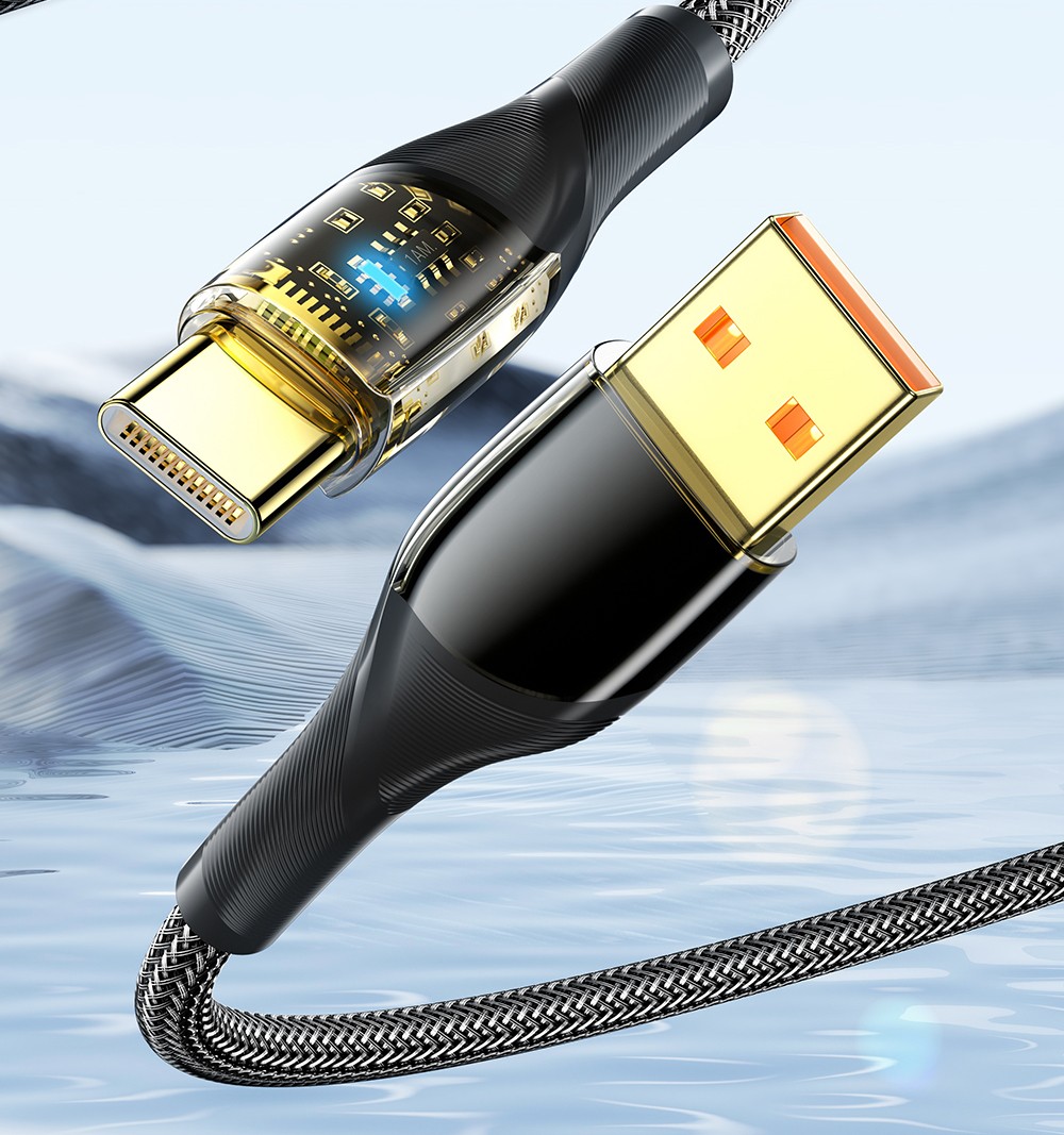 ESSAGER 100W 7A USB-A to Type-C Charging Cable, with Transparent Technology, LED Light, for Samsung, Oppo, Vivo - Black